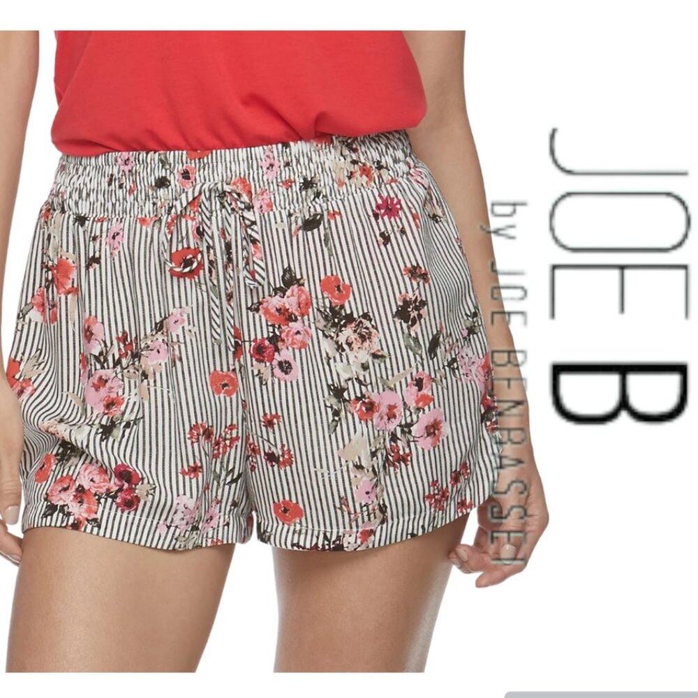 Joe B Floral Stripe Elastic Waist Shorts Front Tie Size Small